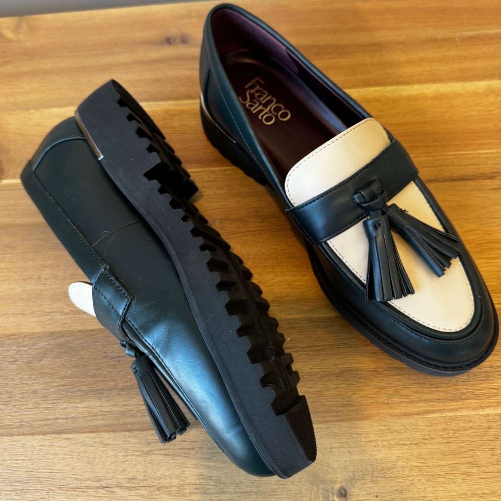 Franco Sarto Women 6 M Dark Green Cream Tassel Lug Sole Loafer Flat Preppy Retro
